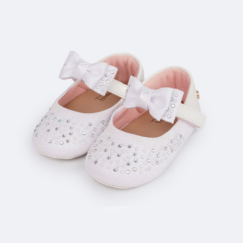 Sapato de Bebê Pampili Nina Laço Glitter Strass Branco - sapato para batizado