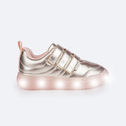 Tênis de Led Infantil Pampili Sneaker Luz Costuras Dourado e Rosa