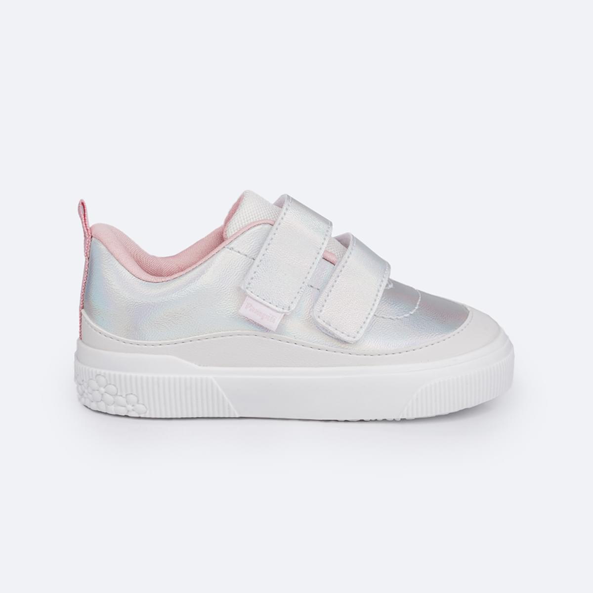 Tênis Infantil Feminino Pampili Yumi Velcro Duplo Prata Holográfico - lateral do tênis