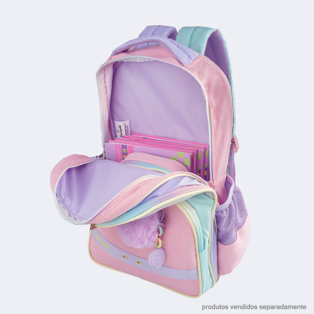 Mochila Escolar Infantil Pampili Pompom Holográfica Candy Colors