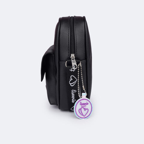 Bolsa Tiracolo Tweenie Bolso Frontal Preta - lateral da bolsa com chaveiro personalizado