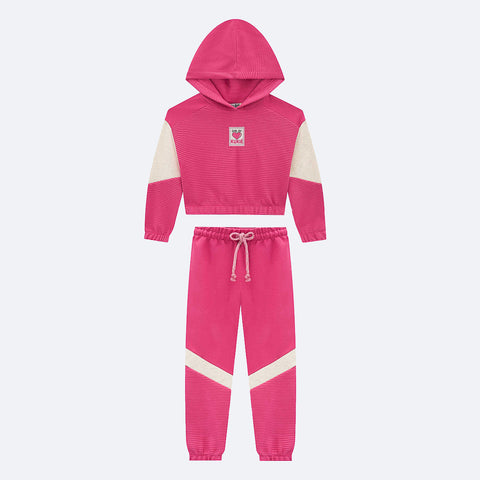 Conjunto Moletom Infantil Kukiê Blusão Boxy com Calça Relevo Pink - conjunto moletom infantil