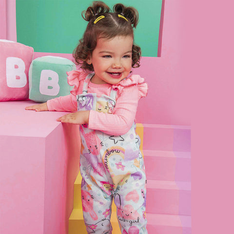 Conjunto Jardineira Bebê Kukiê Moletom e Body Rosa Neon - conjunto para bebe