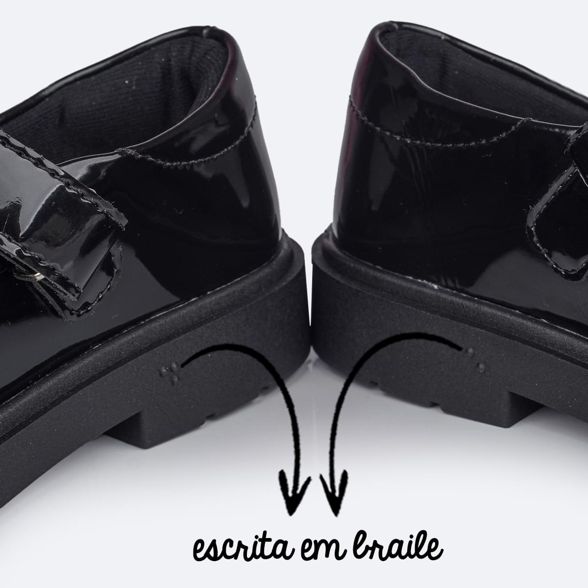 Sapato Infantil Pampili Tifany Calce Fácil Verniz Preto - sapato com escrita em braile