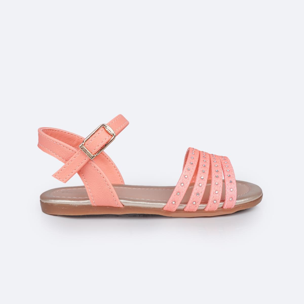 Sandália Infantil Primeiros Passos Pampili Mili Tiras Glitter e Strass Laranja - lateral da sandália com fivela easy