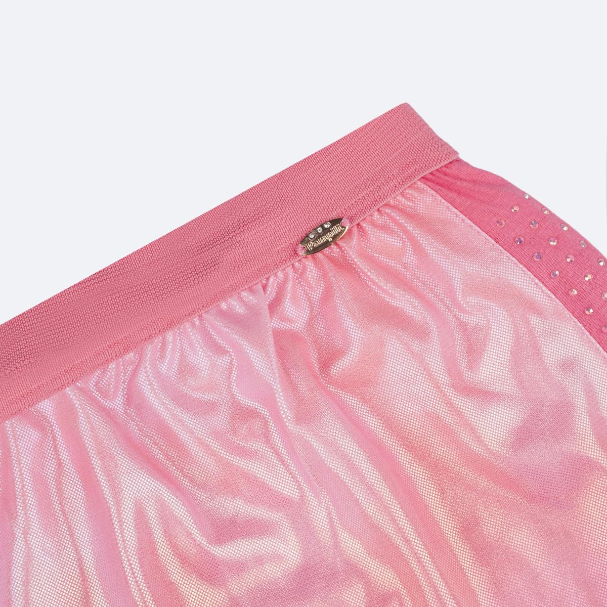 Short Saia Infantil Pampili Strass Rosê Holográfico - detalhe metalizado da marca
