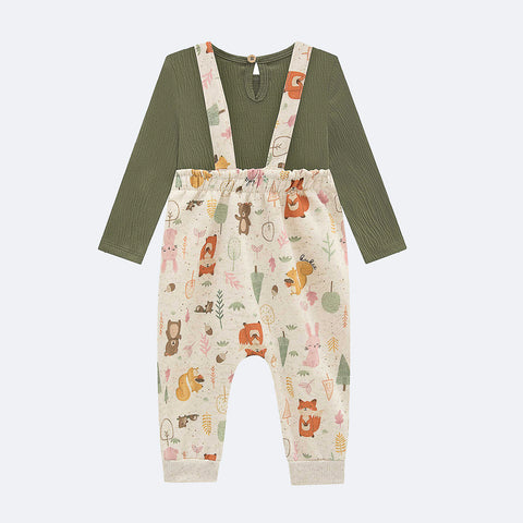 Conjunto Jardineira Bebê Kukiê Floresta e Body Off White e Verde - jardineira infantil