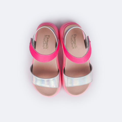 Sandália Infantil Pampili Anny Tratorada Holográfica Prata e Pink - superior da sandália confortável