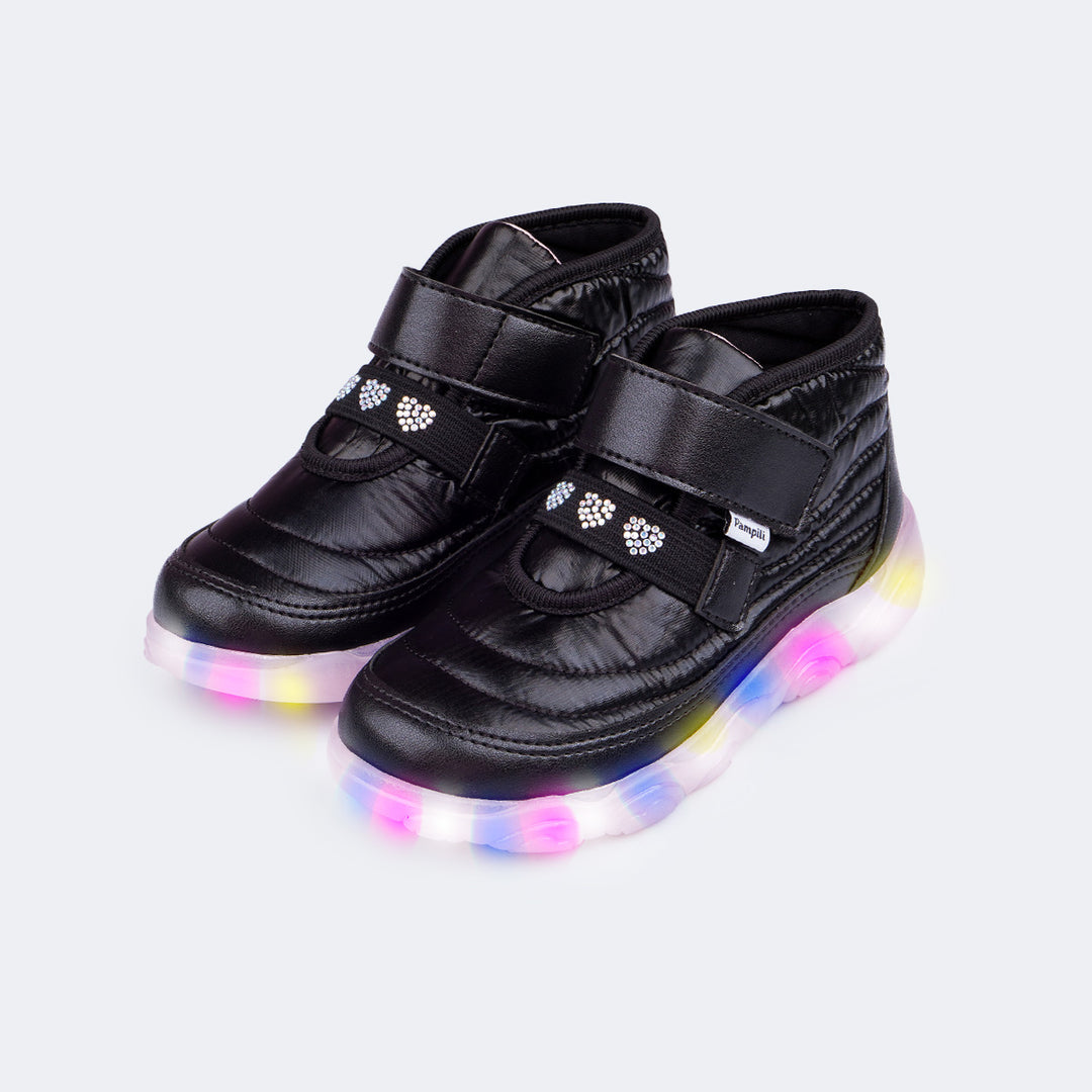 Tênis de Led Infantil Feminino Pampili Liz Luz Comfy Preto
