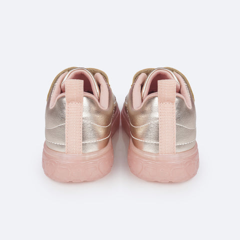 Tênis de Led Infantil Pampili Sneaker Luz Costuras Dourado e Rosa