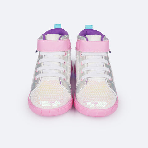 Tênis de Led Cano Médio Infantil Pampili Sneaker Luz Paetê Branco - frente tênis branco