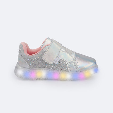 Tênis de Led Infantil Pampili Liz Luz Strass Cascata Holográfico Prata