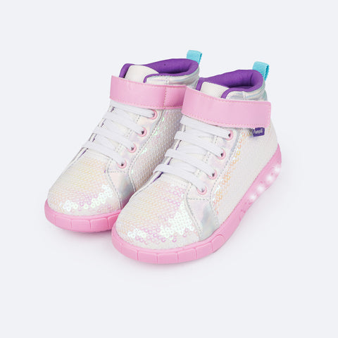 Tênis de Led Cano Médio Infantil Pampili Sneaker Luz Paetê Branco - frente tênis infantil branco