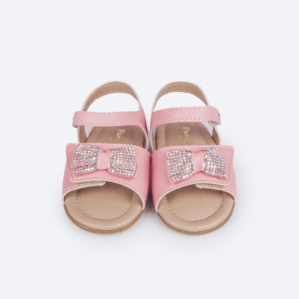 Sandália de Bebê Pampili Nana Laço Duplo Strass Rosa Glace