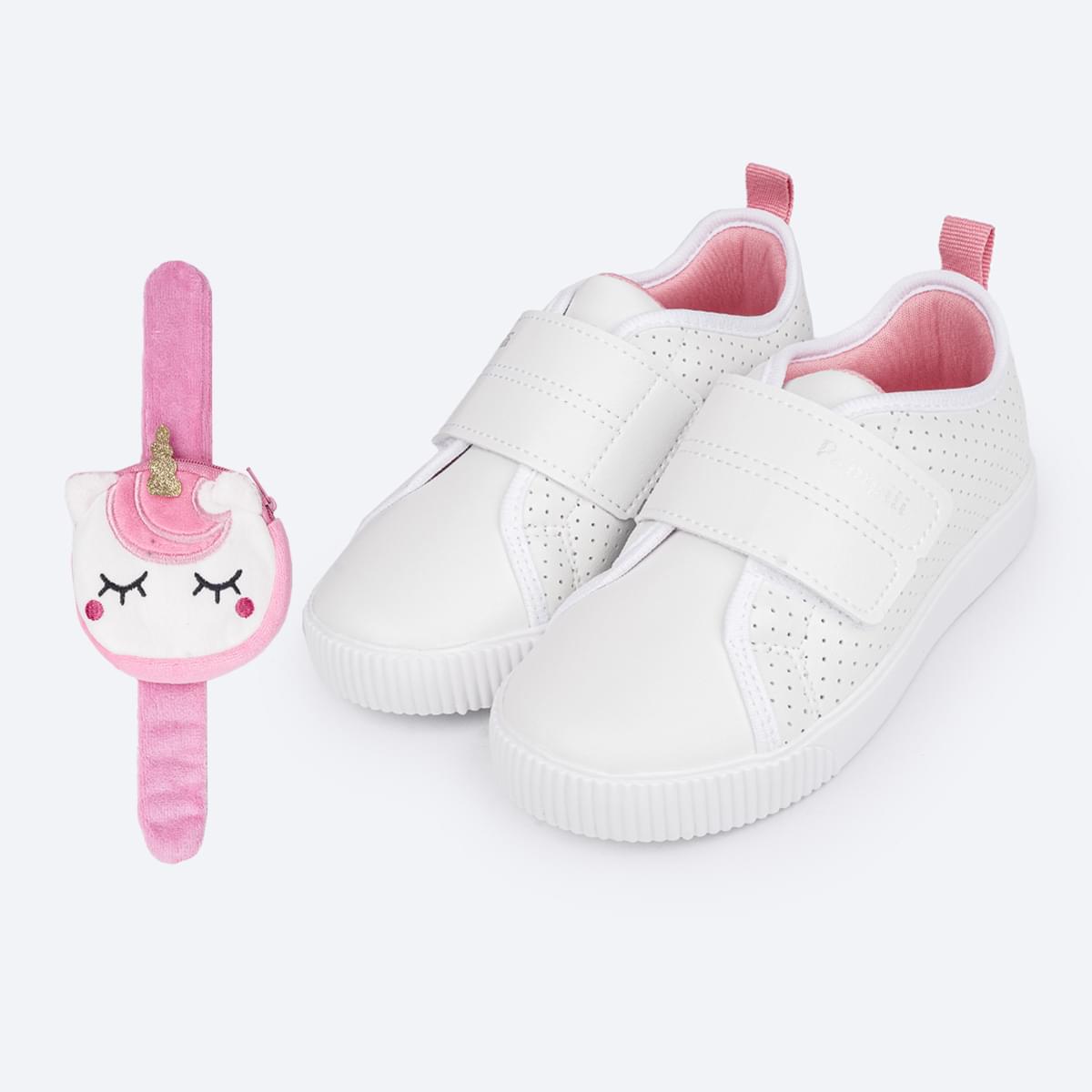 Tênis Escolar Infantil Pampili Luna Branco - Vem com Pulseira Porta Moedas - frente do tênis