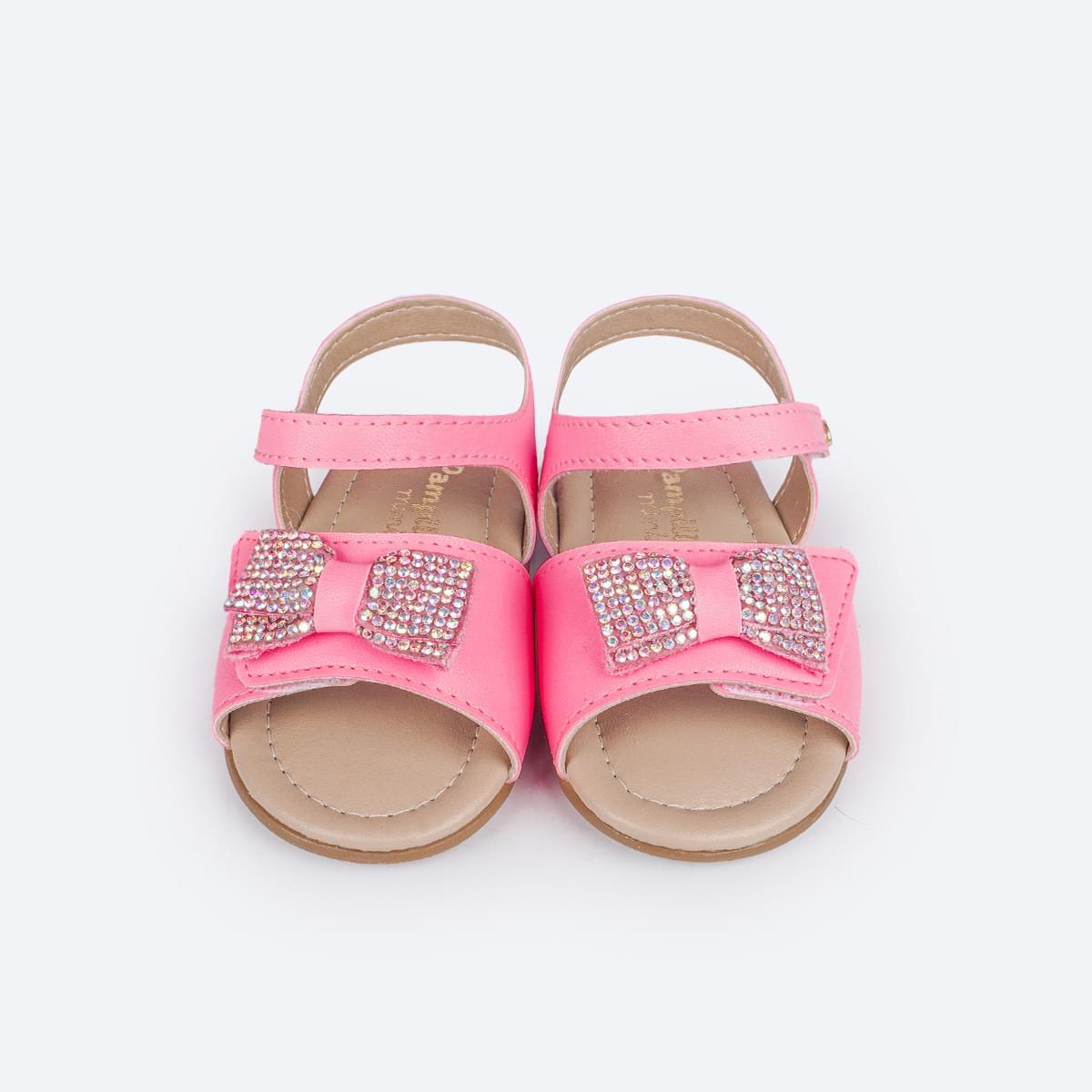 Sandália de Bebê Pampili Nana Laço Duplo Strass Rosa Neon