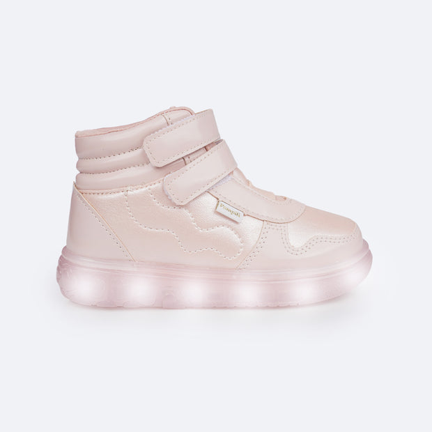 Tênis de Led Cano Médio Pampili Sneaker Luz Costura Ondulada Rosa Novo