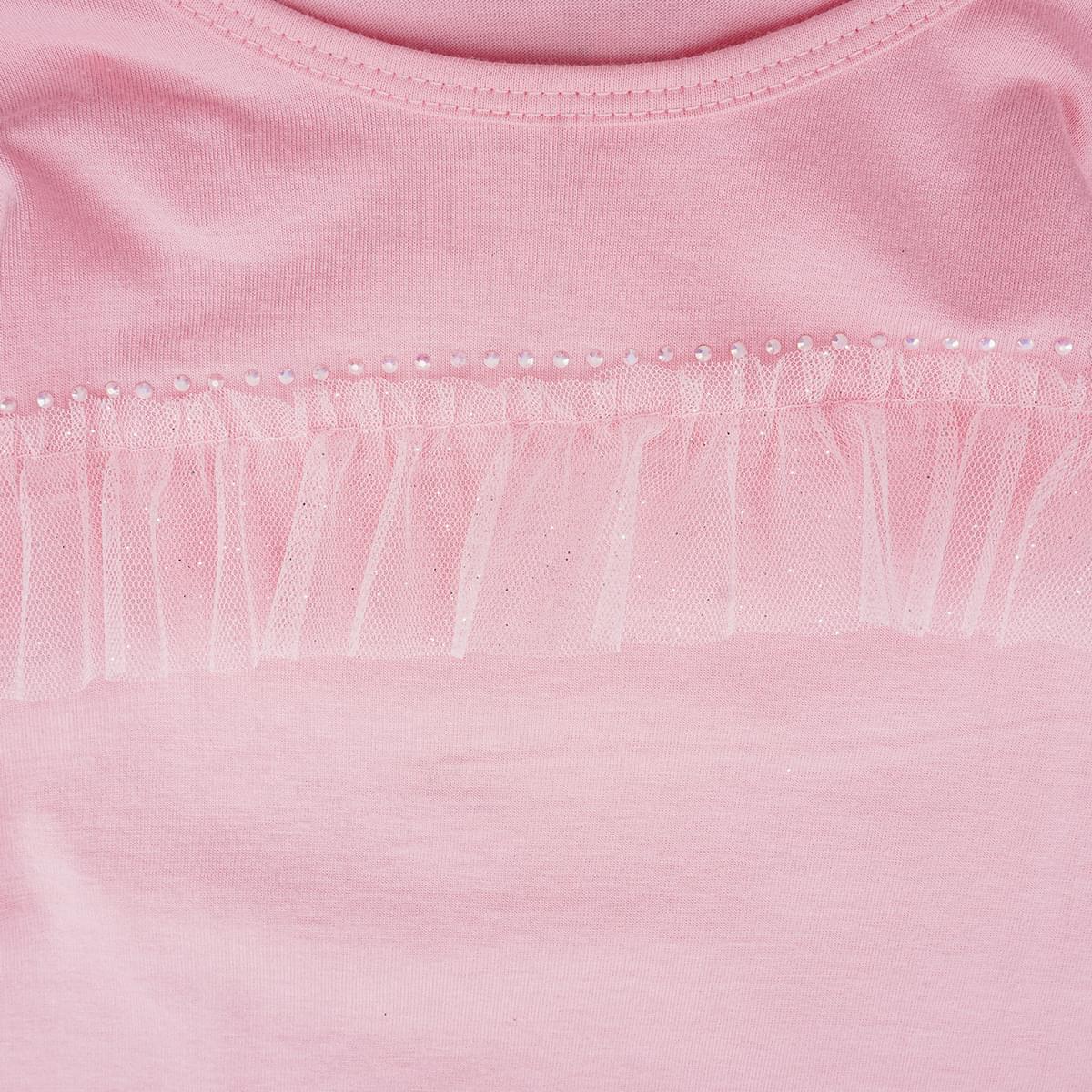 Camiseta Manga Longa Infantil Pampili Babado Tule e Strass Rosa
