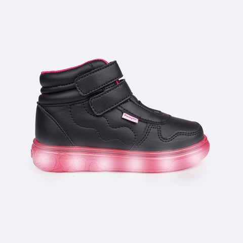 Tênis de Led Cano Médio Pampili Sneaker Luz Costura Ondulada Preto e Pink