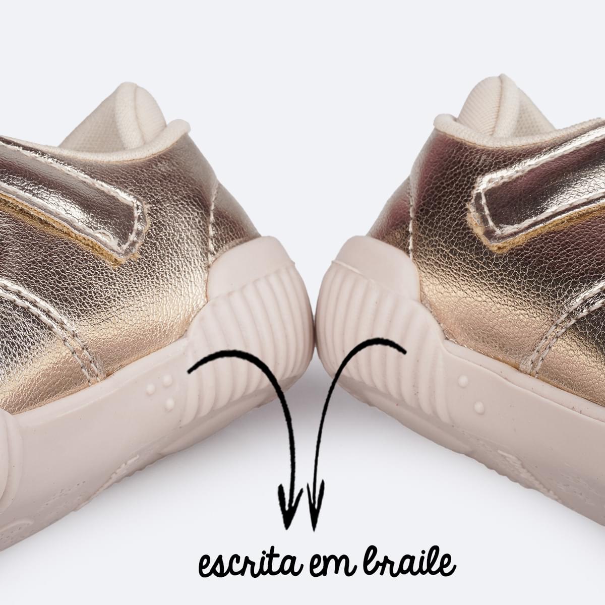 Tênis Infantil Feminino Pampili Yuyu Laço com Strass Dourado - escrita em braile