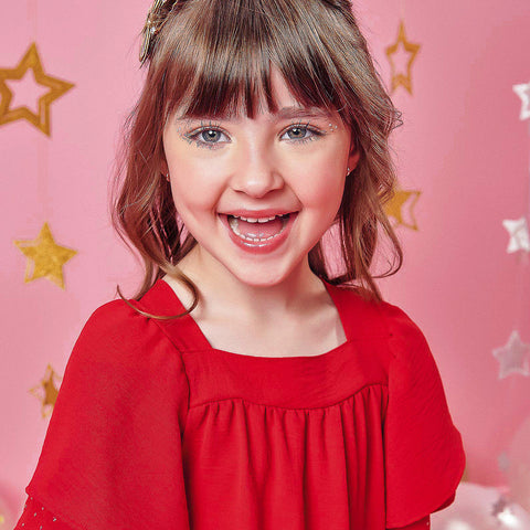 Vestido Infantil Kukiê Mangas com Strass Vermelho - vestido na menina