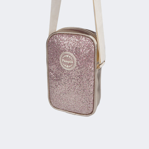 Bolsa Tiracolo Infantil Pampili Sintético Glitter Dourada - frente da bolsa com glitter 