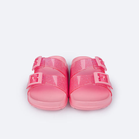 Chinelo Birken Infantil Pampili Fun Glee Glitter Rosa - frente do chinelo com fivelas