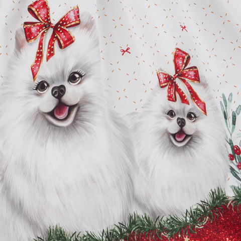 Vestido Infantil Kukiê Natal Cachorrinhos Branco e Vermelho - frente do vestido com cachorrinhos e laço