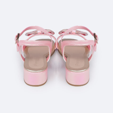 Sandália Infantil com Salto Pampili Fancy Laço Manta de Strass Rosê Holográfica - traseira da sandália em sintético metalizado