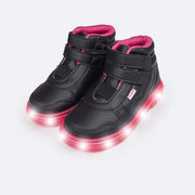 Tênis de Led Cano Médio Pampili Sneaker Luz Costura Ondulada Preto e Pink