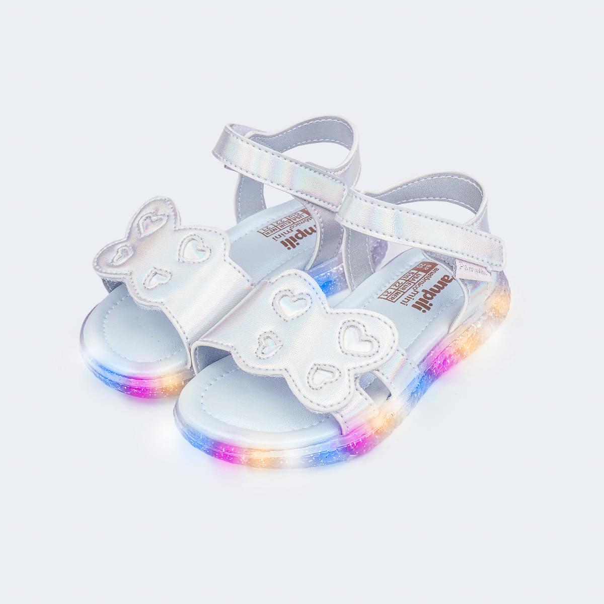 Sandália de Led Infantil Pampili Mini Borboleta Prata