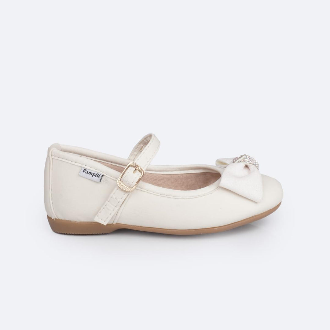 Sapatilha Infantil Pampili Mini Mariah Laço Glitter e Strass Off White