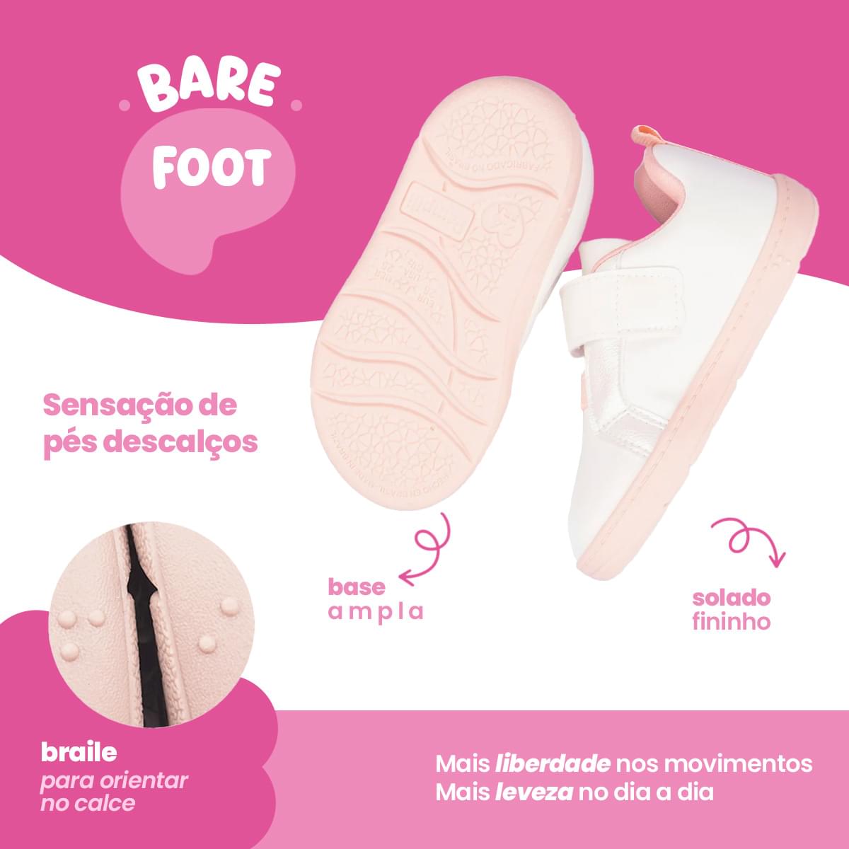 Tênis Infantil Feminino Pampili Sophie Barefoot Rosa Branco