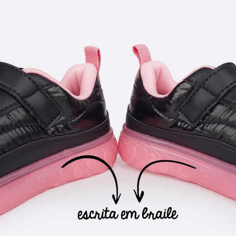 Tênis de Led Infantil Pampili Sneaker Luz Matelassê Comfy Preto e Rosa
