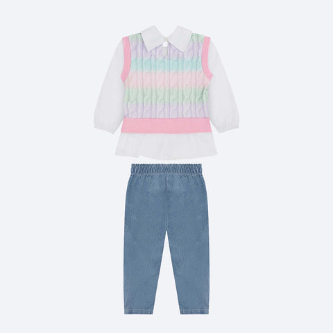 Conjunto de Bebê Kukiê Calça Jeans e Bata Branca e Rosa - calça jeans para bebê