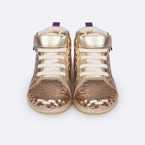 Tênis de Led Cano Médio Infantil Pampili Sneaker Luz Paetê Dourado - frente tênis infantil feminino