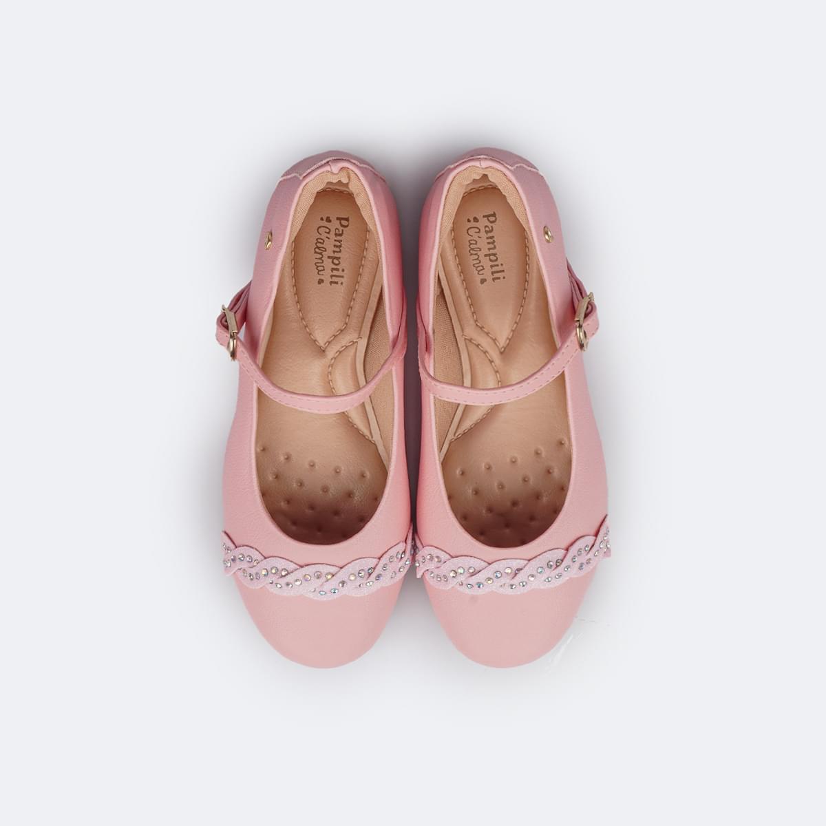 Sapato Infantil Feminino Pampili Angel Tira Glitter e Strass Rosa Glace - sapato boneca infantil