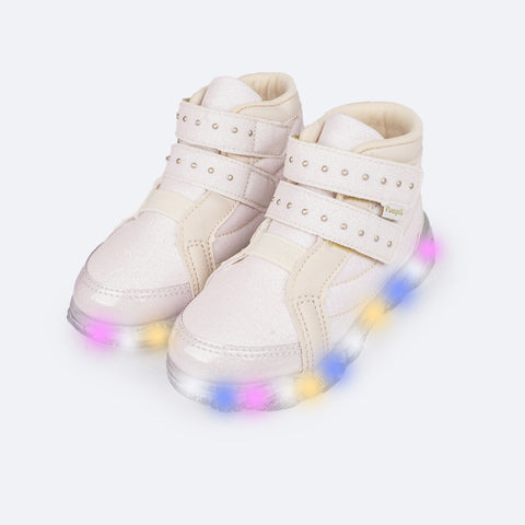 Tênis de Led Infantil Cano Médio Pampili Liz Luz Comfy Glitter Nude - frente tênis com led