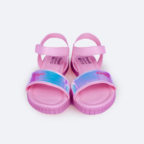 Sandália Papete Infantil Pampili Candy Holográfica Rosa - Vem com Porta Celular - frente da sandália com detalhe holográfico