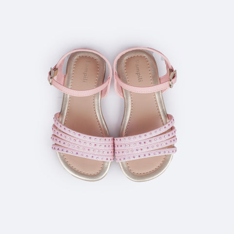 Sandália Infantil Primeiros Passos Pampili Mili Tiras Glitter e Strass Rosa - superior da sandália com detalhe metalizaado