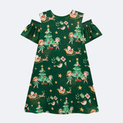 Vestido Infantil Kukiê Natal com Mangas Verde - costas do vestido estampado