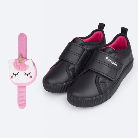 Tênis Escolar Infantil Pampili Luna Preto com Pink - Vem com Pulseira Porta Moedas