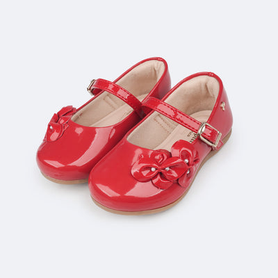 Sapato Infantil Pampili Mini Angel Flores e Pérolas Verniz Vermelho Peper