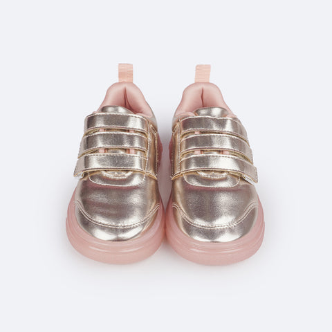 Tênis de Led Infantil Pampili Sneaker Luz Costuras Dourado e Rosa