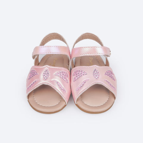 Sandália de Bebê Pampili Nana Laço Strass Rosê Holográfica - frente da sandália com glitter e strass