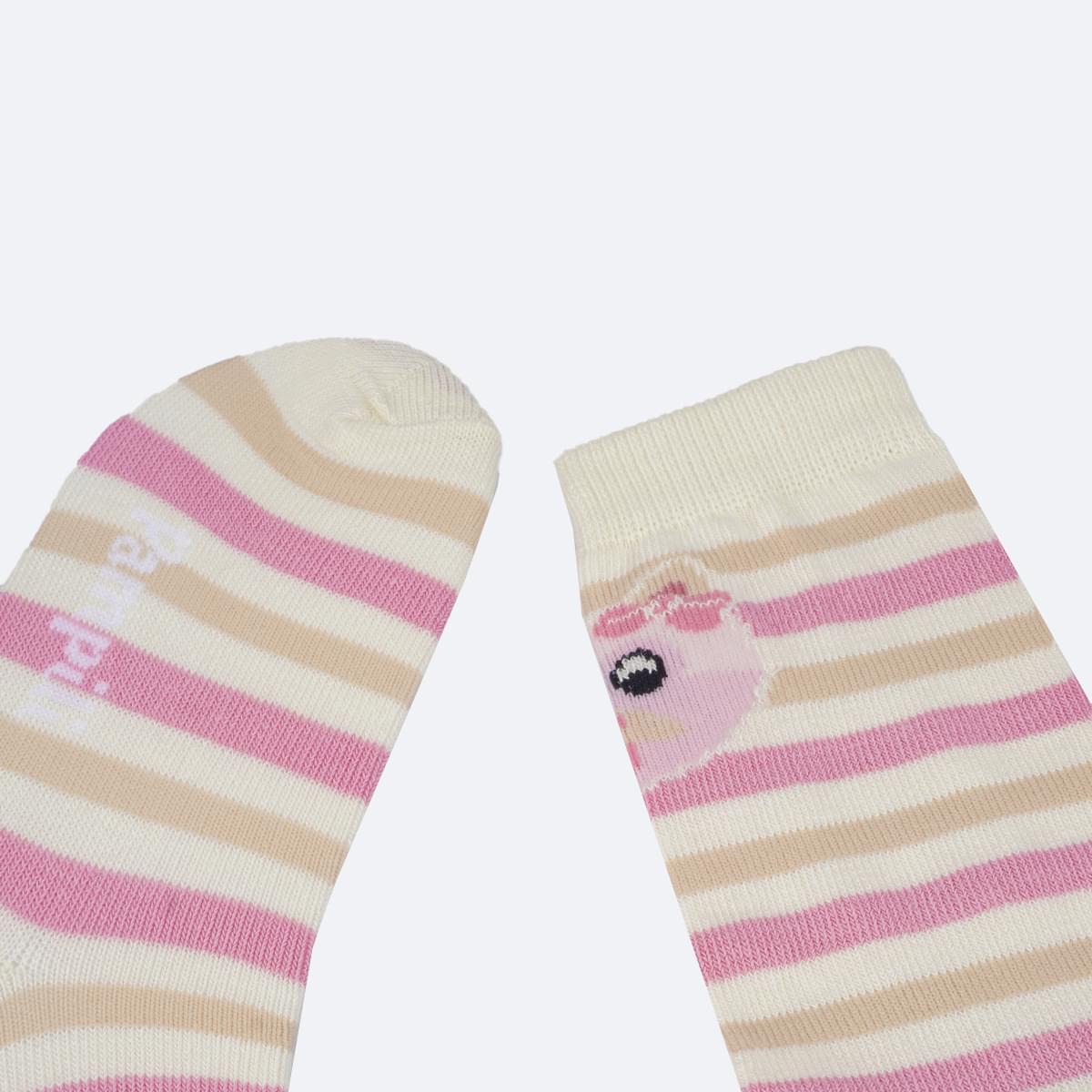 Meia Infantil Feminina 3/4 Pampili Lúdica Listras Marfim e Rosa - meia com bichinho