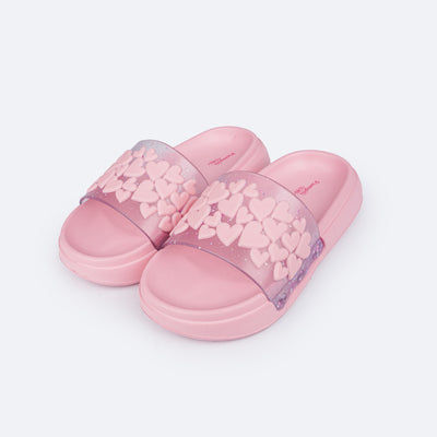 Chinelo Slide Infantil Pampili Fly Glee Corações Rosa - frente do chinelo infantil para piscina