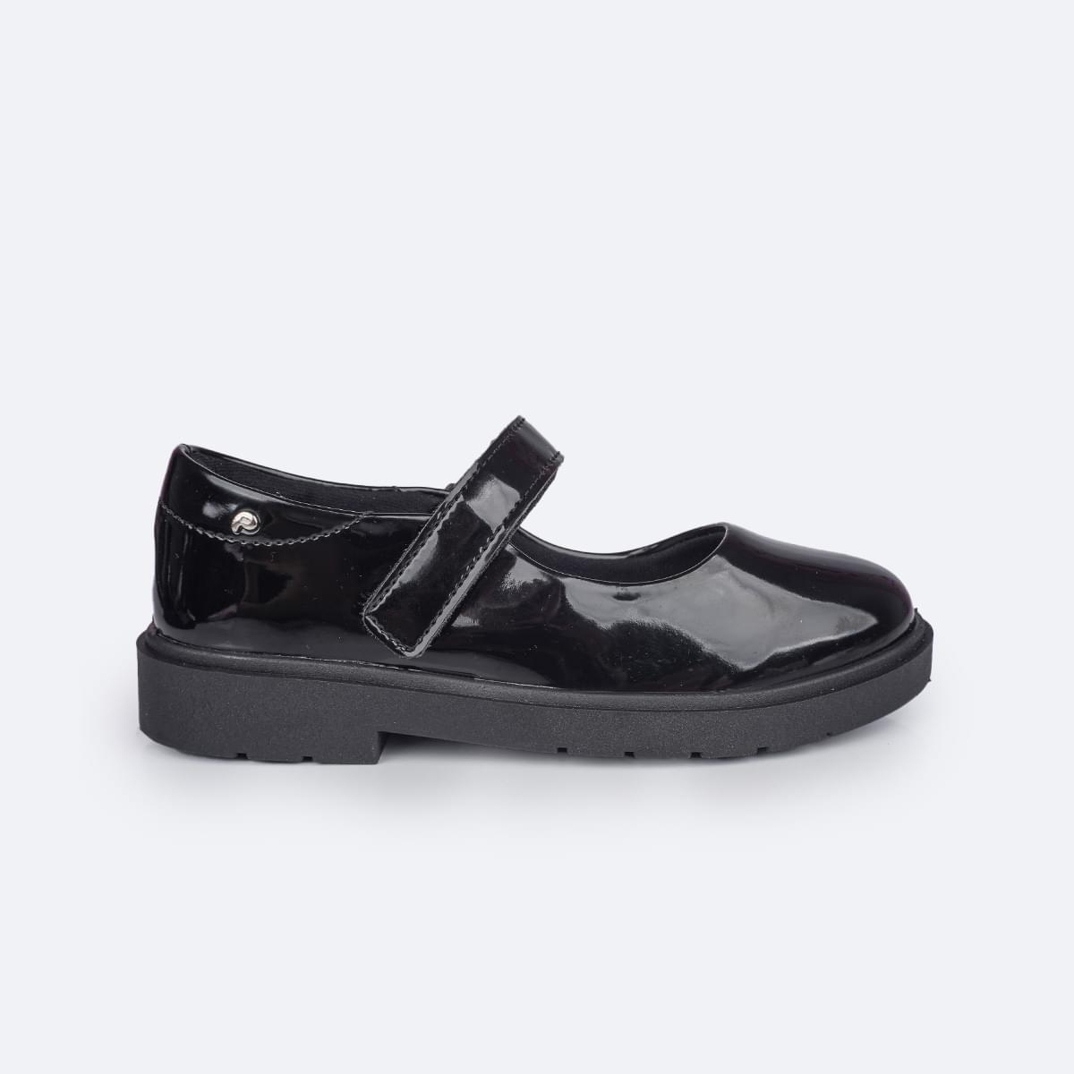 Sapato Infantil Pampili Tifany Calce Fácil Verniz Preto - lateral do sapato com fecho em velcro
