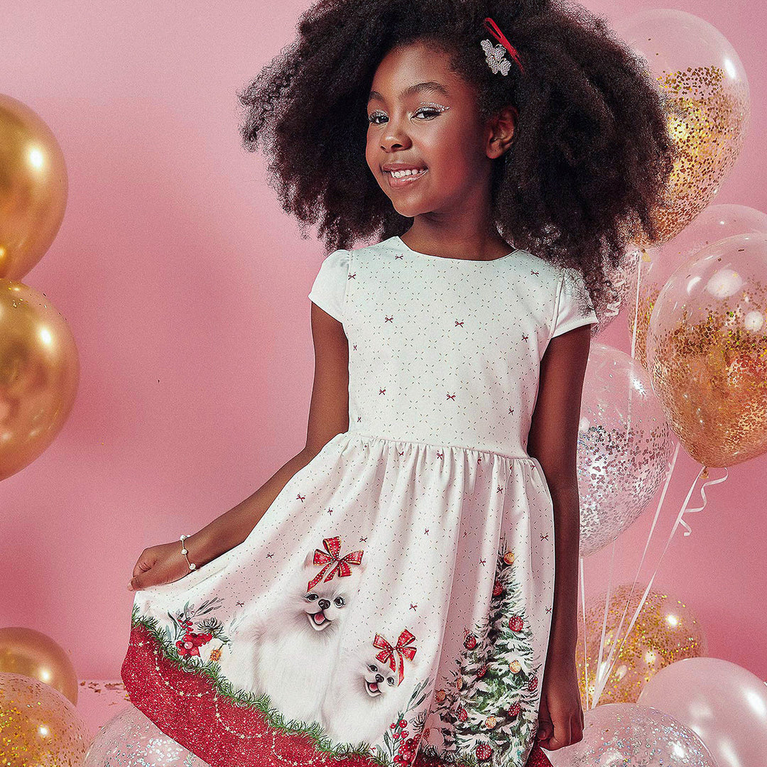 Vestido Infantil Kukiê Natal Cachorrinhos Branco e Vermelho