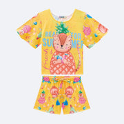 Conjunto Infantil Kukiê Frutas e Bichinhos Amarelo - frente do conjunto kukie